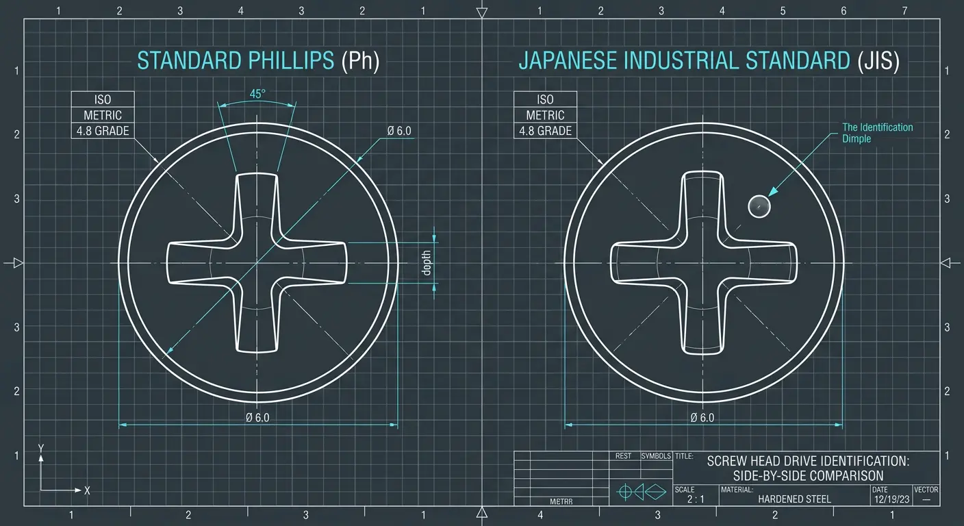 Standard Phillips vs Japanese Industrial Standard JIS screw head blueprint comparison