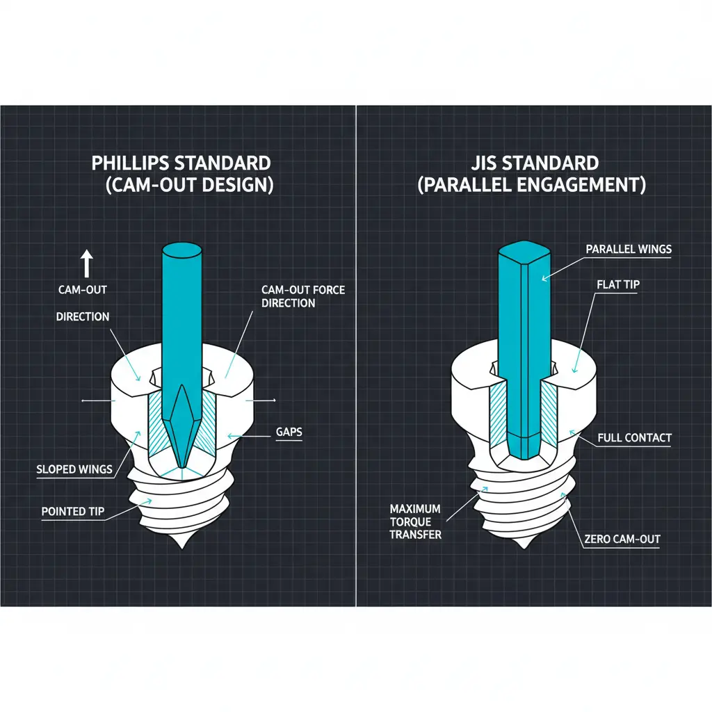 Phillips vs JIS screwdriver tip and cross section comparison diagram